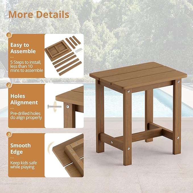 LUE BONA Outdoor Side Table Set of 2, HDPS Small Outdoor Table, Adirondack Side Table, Outside End Table for Patio, Porch, Deck, Pool, Weather Resistant/Easy Maintenance/Indoor or Outdoor Use, Brown