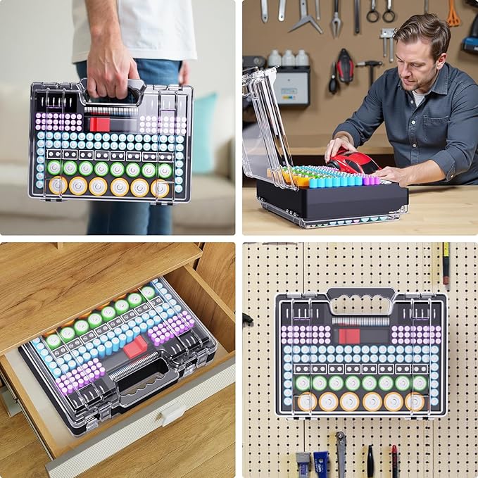 Battery Organizer Storage Holder Box Case with Tester, Stores & Protects Up to 260 Batteries, Double-Clear Locking Lid, Holds AA AAA C D and More (Not Includes Battery Pack) - Black