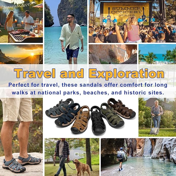 Men's Sport Sandals Closed Toe Leather Hiking Athletic Walking Outdoor Beach Trail River Fishing Water Shoes Lightweight Comfortable Waterproof