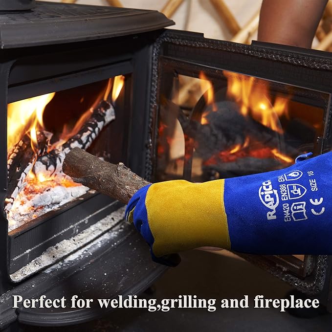 Welding Gloves Fire Heat Resistant: Blue 16IN 932℉ - Fireproof Leather For Stick Mig Flux-Core Welder Forge Blacksmith Fireplace Wood Stove Fire Pit Grill Oven Furnace Handling Dry Ice - Birthday Gift