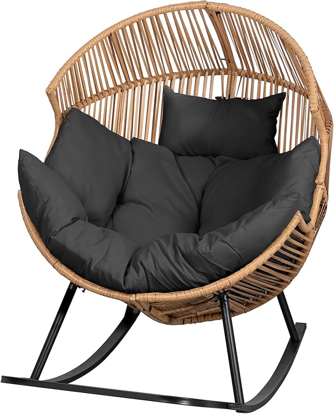 JAMFLY Egg Chair Outdoor Rocking Chairs, Wicker Patio Chair Oversized Lounger Chair with Cushion for Indoor Living Room Bedroom Outside Patio Backyard Balcony, Gray Cushion