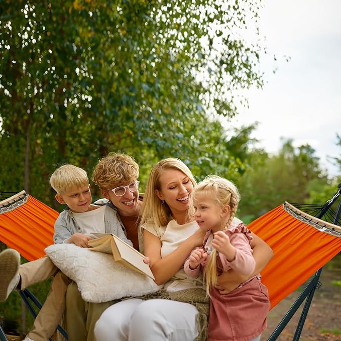 Tranquillo Sturdy Steel Hammock with Stand Premium Cotton Canvas Hammock, 600 lbs Capacity Hammock Stand Folding, Portable 30-Second Fold Unfold Hammock for Camping, Orange