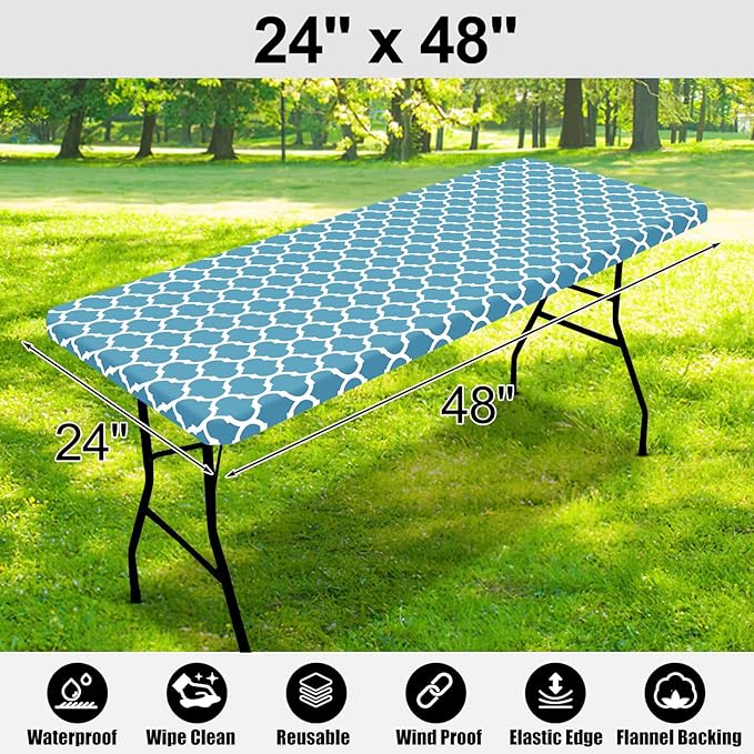 Smiry Rectangle Picnic Table Cover, Waterproof Elastic Fitted Camping Tablecloths for 4 Foot Tables, Wipeable Flannel Backed Vinyl Tablecloth Protector for Indoor, Outdoor (Light Blue, 24x48 Inches)