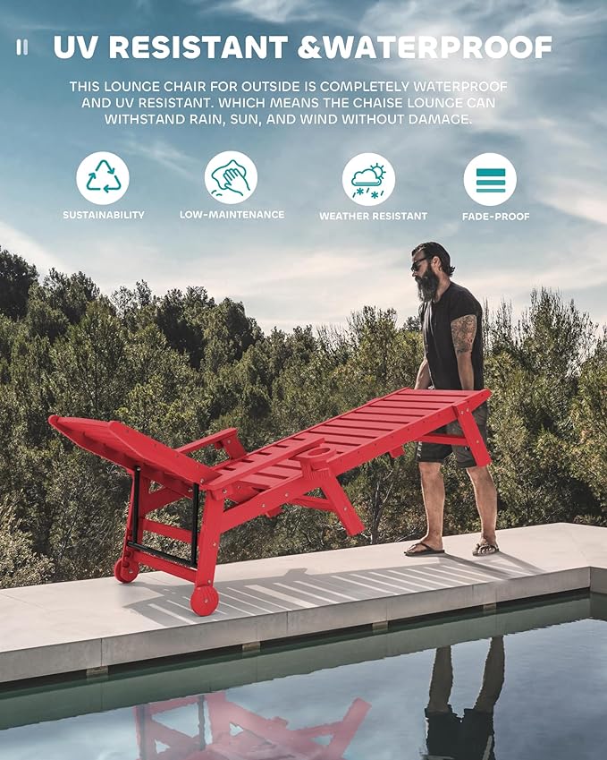 SERWALL Patio Chaise Lounge Chair, 78'' Long HDPE Outdoor Lounge Chair 5 Positions Adjustable Outdoor Lounger, Poly Lounge Chair with Rolling Wheels & Cup Holder for Pool, Bright Red