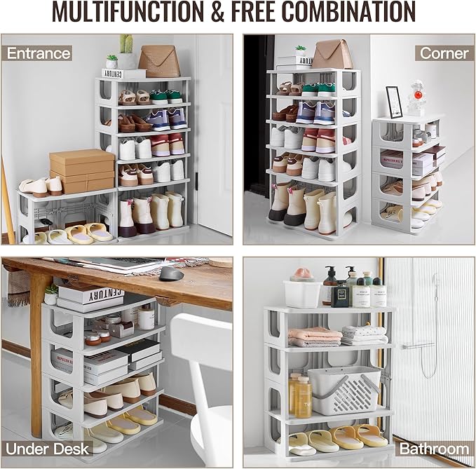 TRZZ 5-Tier Small Shoe Rack, Vertical Narrow Stackable Organizer with Removable Partition, Efficient Shoe Storage for Closet, Entryway, and Small Spaces (Grey)