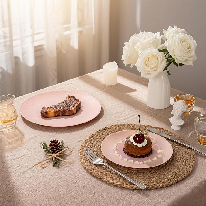 WONDERFUL 32pcs Pink Plates - Reusable Pink Plastic Plates Unbreakable and Reusable Plate Dishwasher safe Dishes Set Includes:16 Dinner 10" and 16 Dessert Plate 7.3" for Wedding Bridal Shower Camping