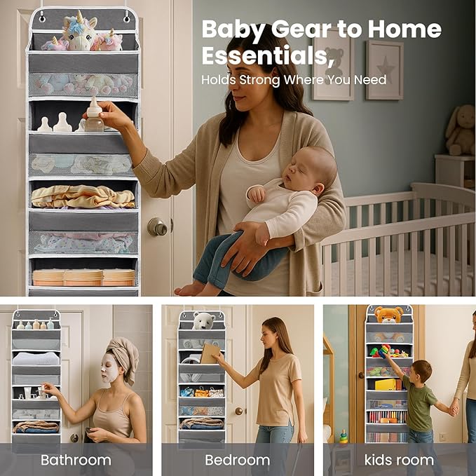 Kitchen Organizers and Storage with 4 Side Mesh Pockets, 44lb Weight Capacity Hanging Behind The Door Storage Suitable for Storing Toys, Shoes, Towels, Dark Grey, 4 Shelf