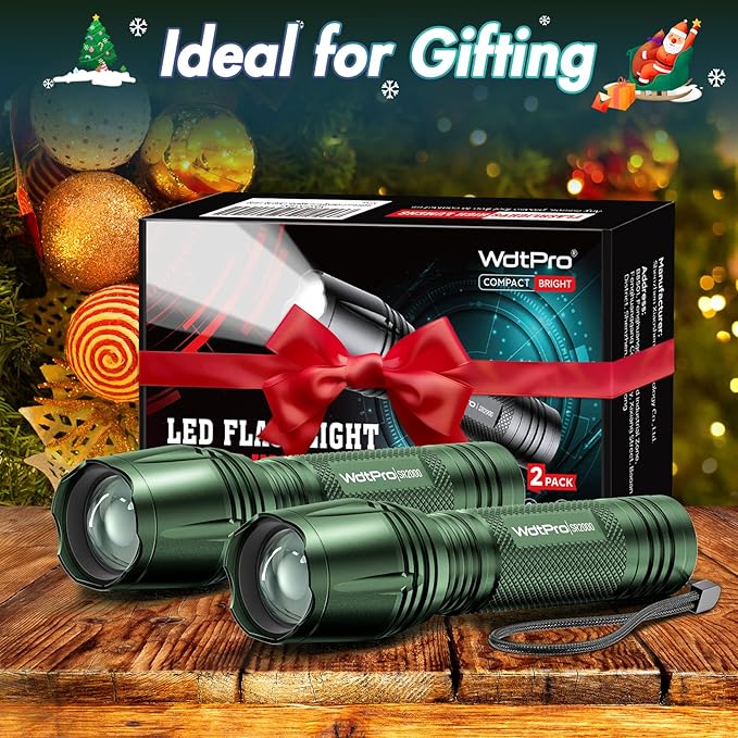 WdtPro LED Flashlight High Lumens SR2000 Pro, 2 Pack Brighter Tactical Flashlights with 5 Modes & Zoomable, Powerful Mini Flash Light for Emergency, Camping, Hiking (Green)