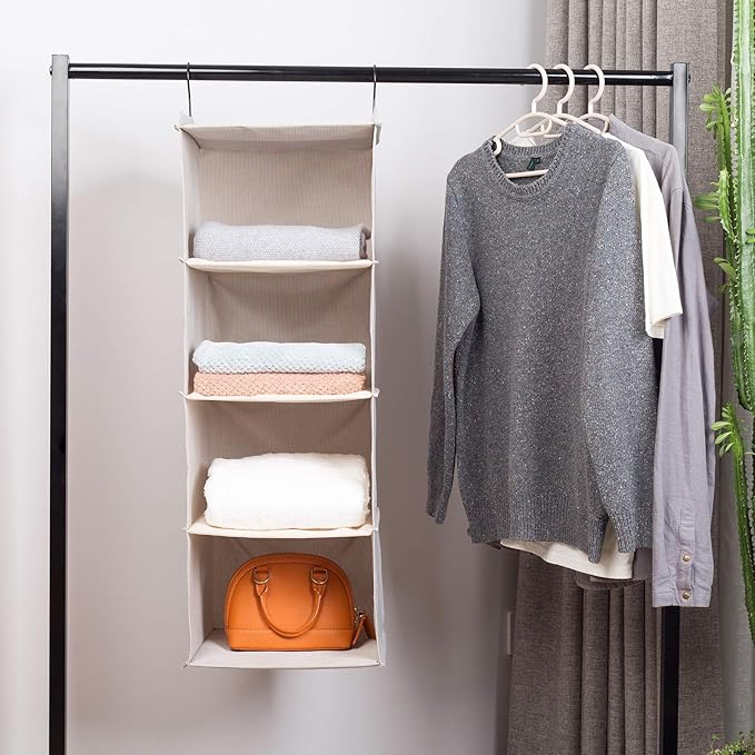 Hanging Closet Organizer and Storage, Foldable 4-Shelf Wardrobe Clothes Shelves Organizer, Imitation Linen Fabric, Beige Houndstooth