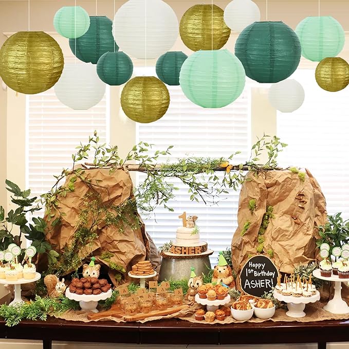 BEISHIDA 16 Pcs Sage Green Gold Paper Lanterns,Hanging Decorative Chinese Japanese Round Paper Lantern Lamp for Birthday Wedding Baby Bride Shower Home Party Decoration