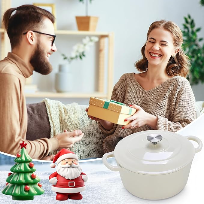 LIFERUN 6 Qt Enameled Cast Iron Dutch Oven Pot with Lid,Oven Safe up to 500° F, Non-Stick Dutch Oven with Dual Handles for Bread Baking, Fry Foods, Braising, Stews, Roasting (White)