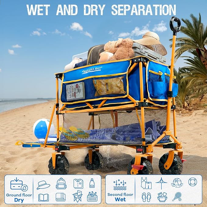 400L Collapsible Double Decker Beach Wagon with Brakes, Folding Beach Cart with 54" Extra Long Decker, 450LBS Heavy Duty Wagon Chart with All-Terrain Big Wheels for Sand Camping Garden