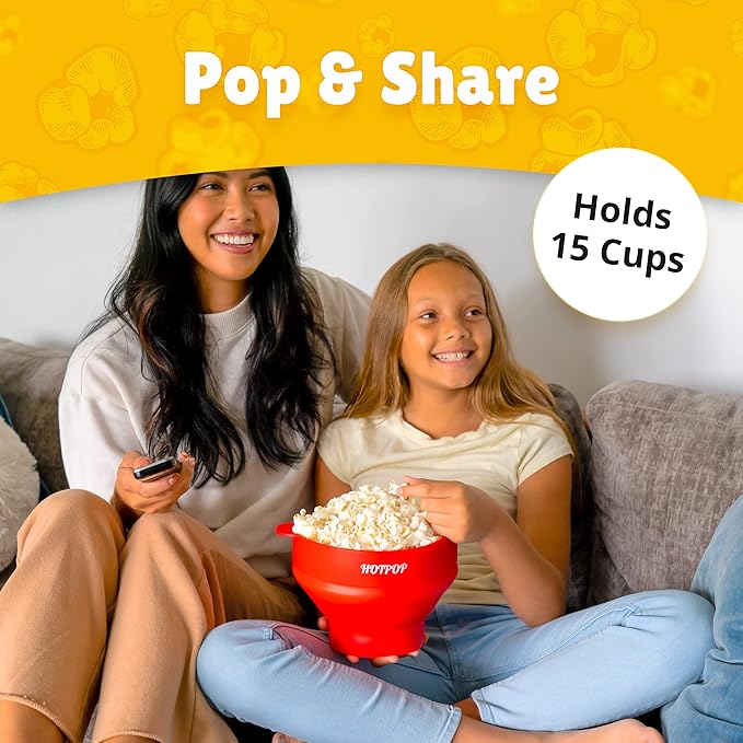 The Orginal HotPop Silicone Popcorn Maker - Microwave Popcorn Popper with Handles - Collapsible Bowl, Heat-Resistant, Easy to Clean, Ideal for Family Movie Nights, 15-Cup Capacity - Red