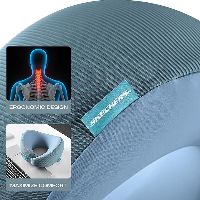 Skechers Memory Foam Neck Pillow, Comfortable & Breathable Travel Pillow,Neck Pillow Airplane for Travel, Car Rides, Home, and Office Use, Ergonomic Design for Men and Women,Light Blue
