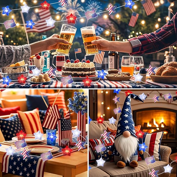 4th of July Decorations Lights, 16FT Red White Blue String Lights, 50LED Flag Stars Patriotic Light with Remote, USB & Battery Powered Fairy Light for Patriotic Memorial Day Independence Day Decor