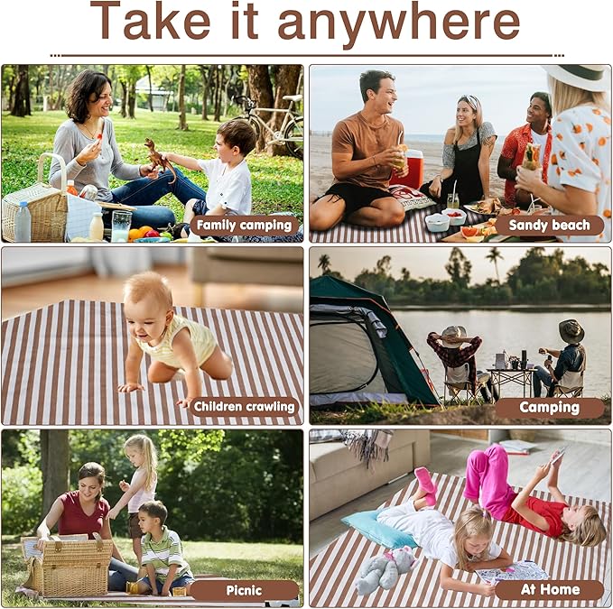 Striped Picnic Blanket Waterproof & Sand Proof, 5-Layer Beach Blanket Portable with Carry Strap, Extra Large Foldable Picnic Rug Machine Washable for Camping Party,Wet Grass,Kids Playground
