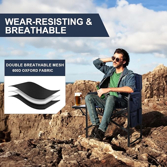 Directors Chair, Camping Chairs for Adults, Heavy Duty Side Table, Lawn Chairs with Side Pockets Carry Straps