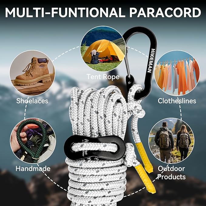 HIKEMAN Reflective Tent Rope Guyline - 4M Camping Guide Ropes,3mm Tent Guy Ropes Cord with Aluminum Tensioners Adjuster for Outdoor Camping Hiking Caravan Awning Tents (Coffee, 3mm)