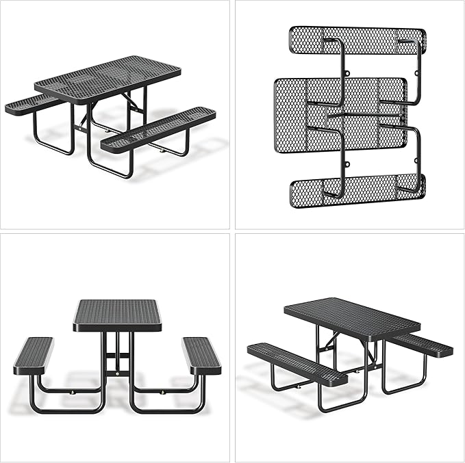 4FT Metal Picnic Tables for Outdoors, Commercial Rectangular Picnic Table and Bench Set for Outside, Patio, Garden, Backyard, Porch, Surface Mount, Black
