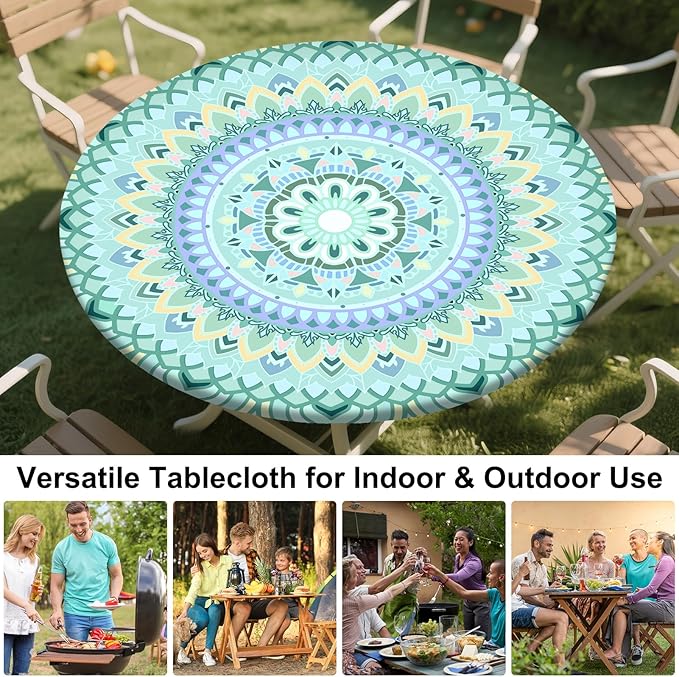 Round Tablecloth Fitted Elastic Table Cover Waterproof Table Cloth for Dinner, Party, Picnic,Camping, Round Table Cover for Indoor Outdoor