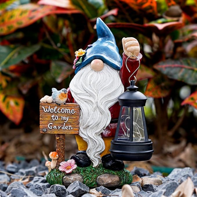 Garden Gnome Statues Figurine Lights - Solar Powered Lighting Outdoor Decorations with Lantern & Welcome Sign, Yard Art Lawn Ornaments for Porch Patio Balcony - Gnome Gifts for Women Mom