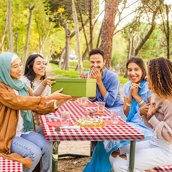 3 Pcs Set Fitted Picnic Table Cover with Bench Covers Vinyl Camping Table Cloth Flannel Backing for 6ft Tables Camping Outdoor (Red Checked, 30 x 72 Inches)