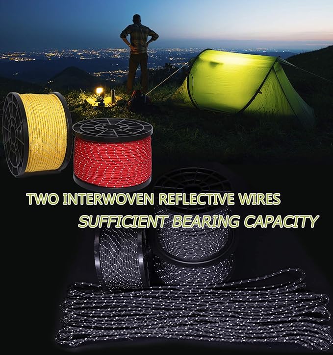 HIKEMAN 50m Reflective Guyline Solid Braid Nylon Camping Rope with Aluminum Adjuster Cord Tensioner Tent Accessory for Outdoor Travel,Hiking,Backpacking and Water Activities (Black, 4mm)