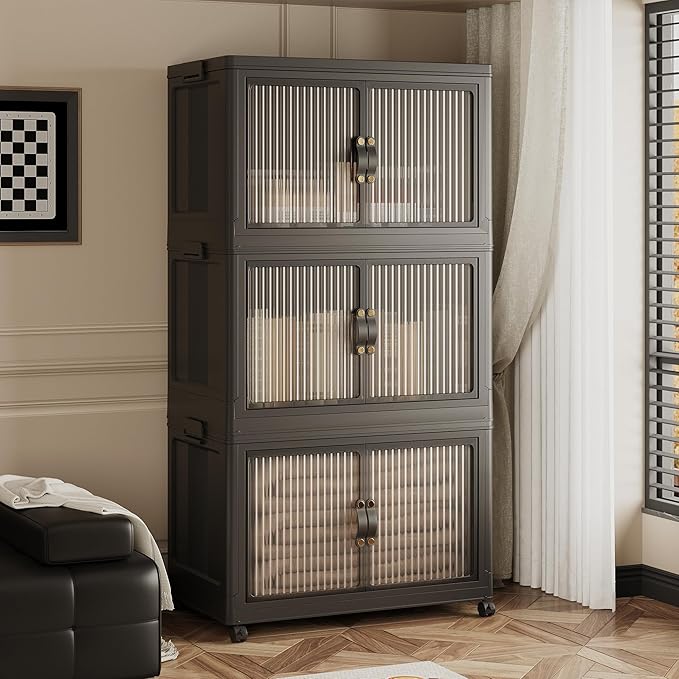 JONZEN 3-Pack 105Qt Black Modern Stackable Storage Bins with Lids, Closet Organizers for Home, Bedroom, Garage & Kitchen