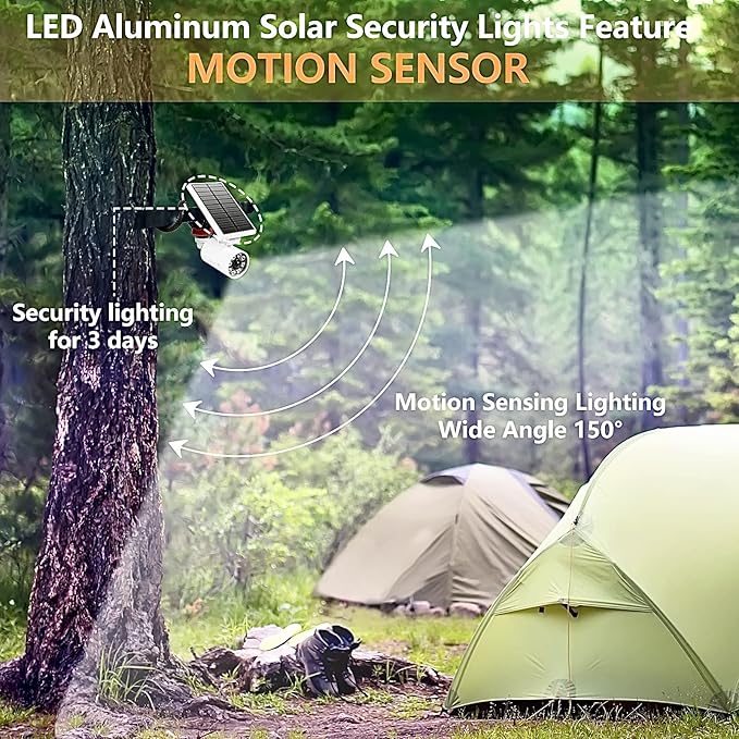 Solar Motion Lights Outdoor Waterproof, 100-Week Free Refund, Camping Solar Lights with Motion Sensor Solar Flood Security Spotlights for Outside Camp Patio, Fence, Deck, Post(2Pack)