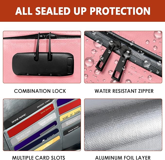 ROLOWAY Fireproof Document Bag (14.5 x 11.5 inch), 6400℉ Fireproof Money Bag with Zipper for Cash, Fire Safe Money Pouch with Lock (Pink)