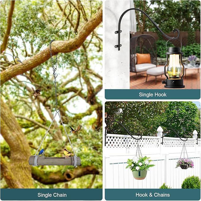 Plant Hangers Outdoor, 4 Pack 16 Inch Plant Hooks with 12 Chains for Wall Metal Plants Hanging Bracket for Bird Feeder, Flower Baskets, Wind Chimes, Lanterns, Indoor Outdoor, Black
