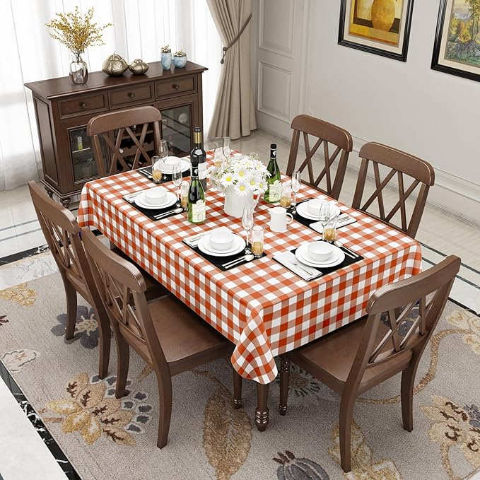 misaya Rectangle Waterproof Vinyl Table Cloth, Buffalo Flannel Backed Tablecloth, Wipeable Plastic Table Cover for Dinner, Kitchen, Picnic, (60" x 120", Rust and White)