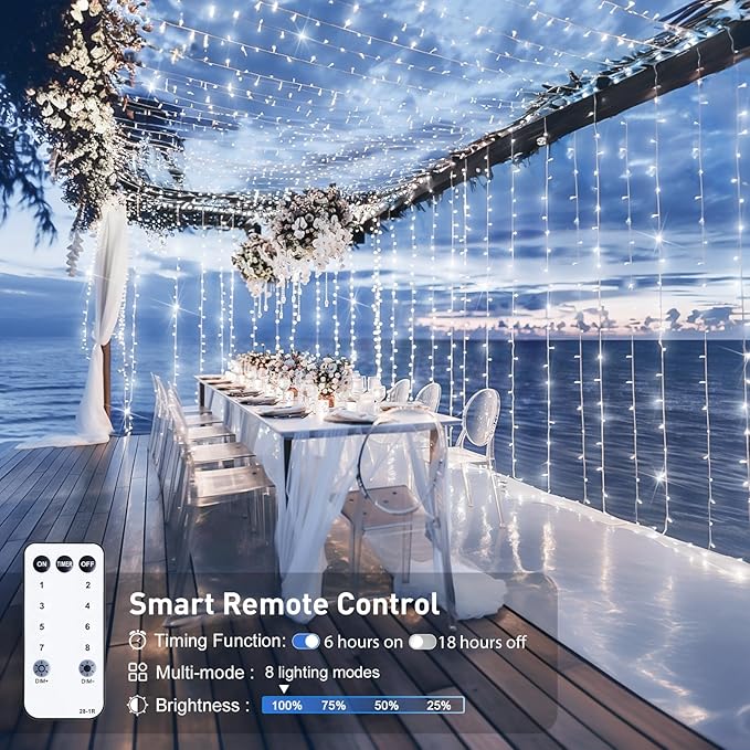 JMEXSUSS 900LED Christmas Curtain Lights, 9.5x29.5ft White Indoor/Outdoor Plug-in with Remote, Window Hanging String Lights for Bedroom, Wedding, Xmas Decoration