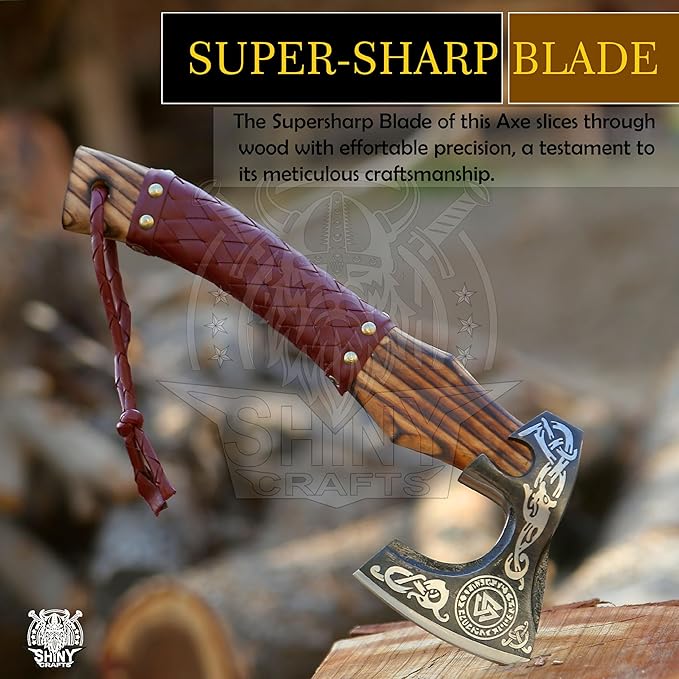 SHINY CRAFTS Viking Axe Mens Axes Hatchet with Leather Sheath - Real Tomahawk for him Valknut Axe Gift for Men Camping Hatchet with Premium Leather Sheath (SCA 07)