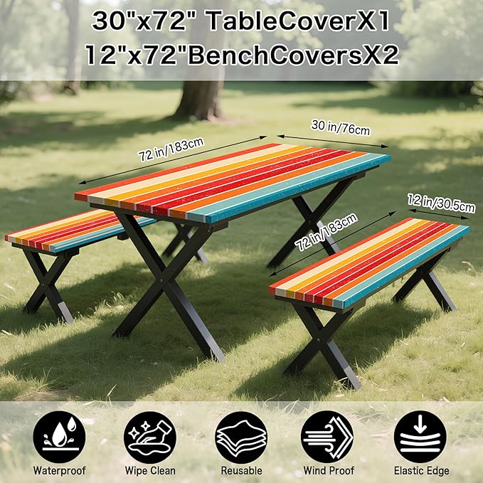 Orange Picnic Table Cover with Bench Covers, 3 Pcs Waterproof Elastic Picnic Table Cover Outdoor Camping Essentials, Windproof Fitted Tablecloth for Camping, Indoor, Outdoor (Striped, 72X30 Inch)