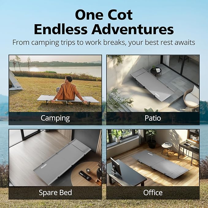 Ultralight Camping Cot for Adults, Portable Folding Camping Bed, Supports 350 lbs - Lightweight for Travel, Camping, Hiking, Backpacking, Mountaineering, Light Gray