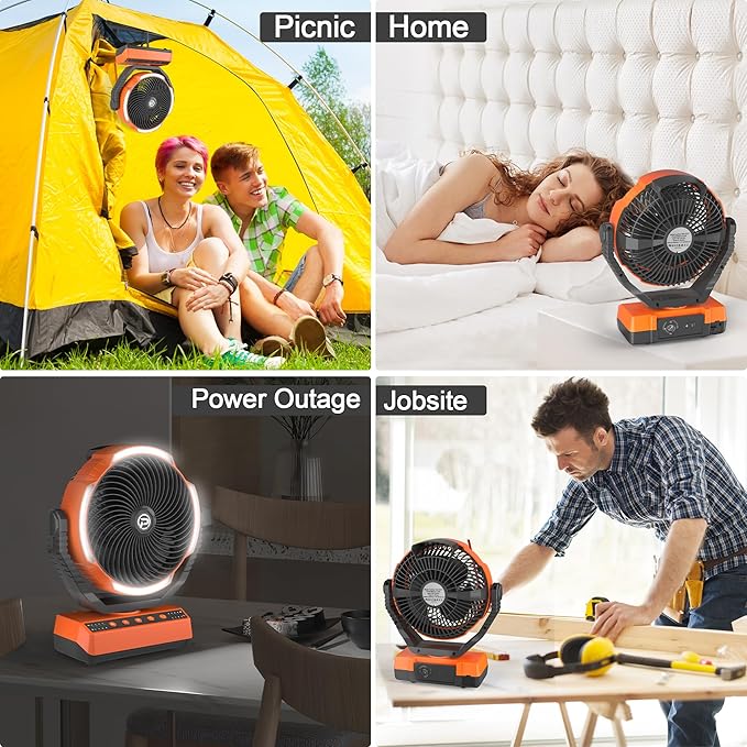 PANERGY Camping Fan with Light - 20000mAh Rechargeable Battery Fan with Charger, 70Hrs Cooling Time, 4 Speeds, 110° Auto Oscillation & 270° Pivot Design with Hook for Camping/Power Outage/Hurricane