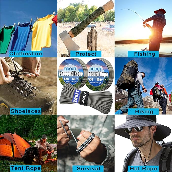 Paracord Nylon Rope Gray 200ft with 7-Strand Core, 10 Colors and 50/100/200 ft, Type III Parachute Cord 4mm for Camping, Survival, Hiking, DIY, Crafting, Outdoor Utility Rope