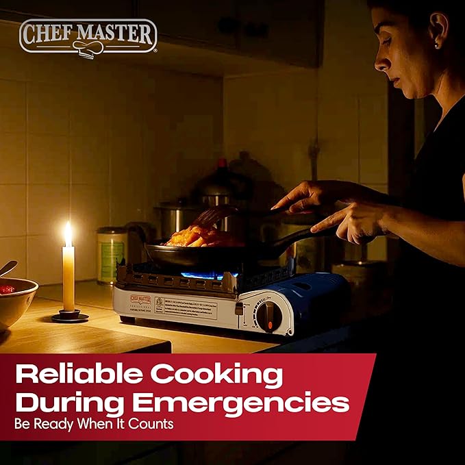 Chef Master 15,000 BTU Portable Butane Camping Stove COMBO with 4 x 8oz. Butane Fuel Canister, Double Wind-Guard Portable Stove Burner for Emergency, Road Trip, Backpacking & Camping Essential - 90019