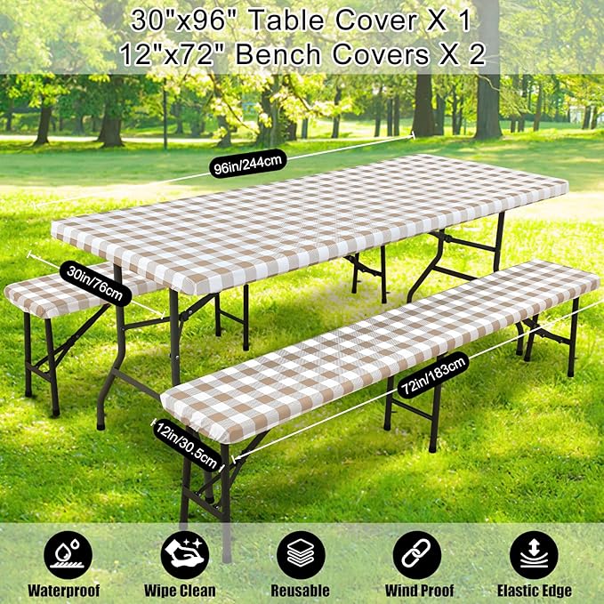 Smiry Picnic Table Cover with Bench Covers, Waterproof Elastic Fitted Tablecloths for 8 Foot Rectangle Tables, Washable Buffalo Plaid Tablecloth for Camping, Outdoor (Khaki & White, 30"x96")