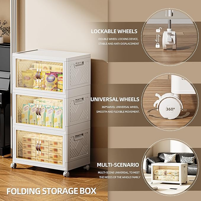 252 QT / 63 Gal Magnetic Door Storage Bins Collapsible Stackable w/1 Lid, Heavy Duty Plastic Cabinet with Wheels for Home Office Organization (White)