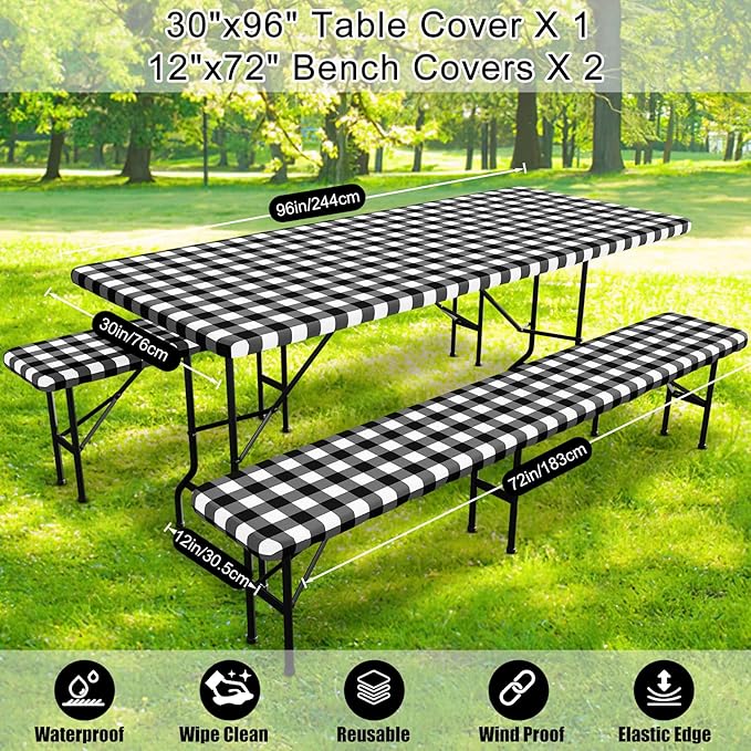 Smiry Picnic Table Cover with Bench Covers, Waterproof Elastic Fitted Tablecloths for 8 Foot Rectangle Tables, Washable Buffalo Plaid Tablecloth for Camping, Outdoor (Black & White, 30"x96")