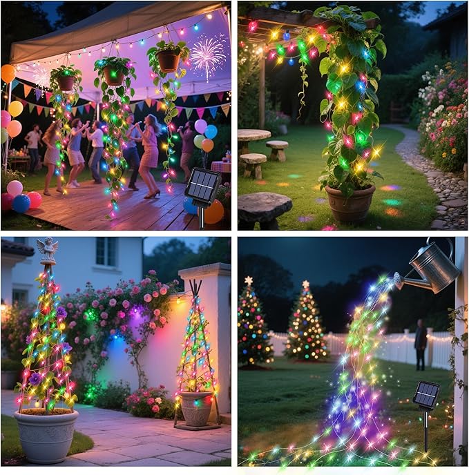 Solar Waterfall Fairy Bunch Lights Outdoor Waterproof 200LEDs 8 Modes Watering Can Light , Muticolor Solar Powered String Lights Firefly Vine Christmas Tree Garden Decorations Gardening Gifts For Mom