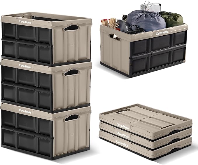 CleverMade Collapsible Storage Bins - Tan 3 Pack 62L - Stackable Containers Heavy Duty Capacity Folding Crates - Space-Saving for Home