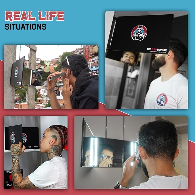 The 360 Mirror - 3 Way Mirror for Self Hair Cutting - Adjustable Trifold Barber Mirro to Cut Your Own Hair - Tri Fold Self Haircut System for Men - Three Sided Mirro for Haircuts (with LED)