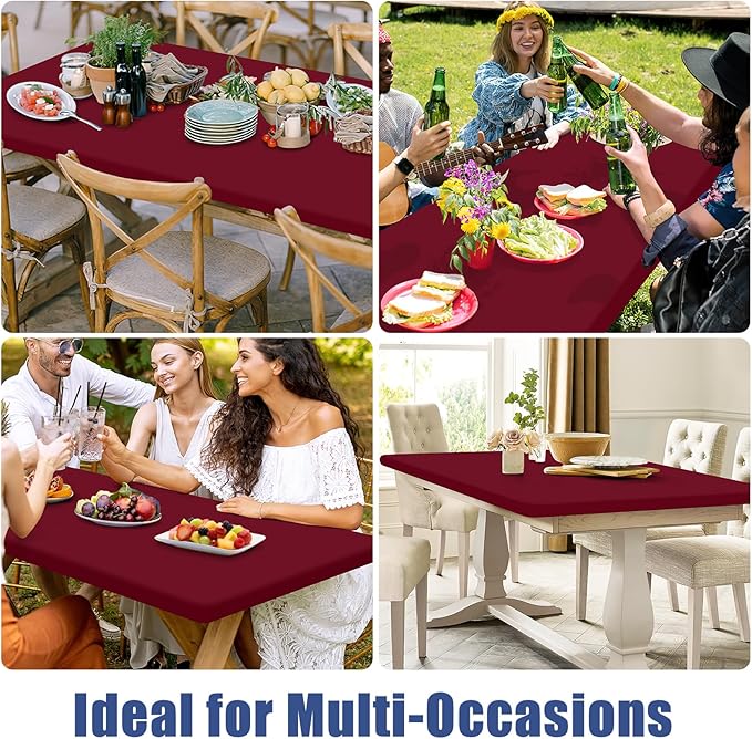 Spandex Picnic Table Cloth 2 Pack, Elastic Fitted Tablecloths for 6 Foot Rectangle Tables, Stretch Washable Patio Table Cover for Camping, Christmas & New Year Parties (Wine Red, 30"x72")