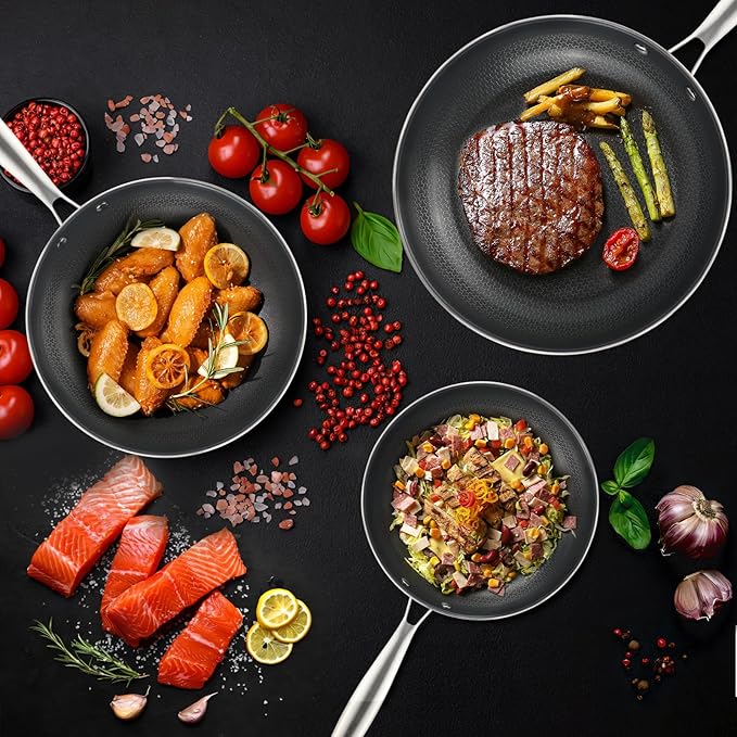 Stainless Steel Nonstick Frying Pan, Hybrid Ceramic 12-Inch Frying Pans, Stay-Cool Handle, PFAS & PFOA PTFE Free, Dishwasher & Oven Safe, Scratch-Resistant, Compatible with Induction & All Cooktops