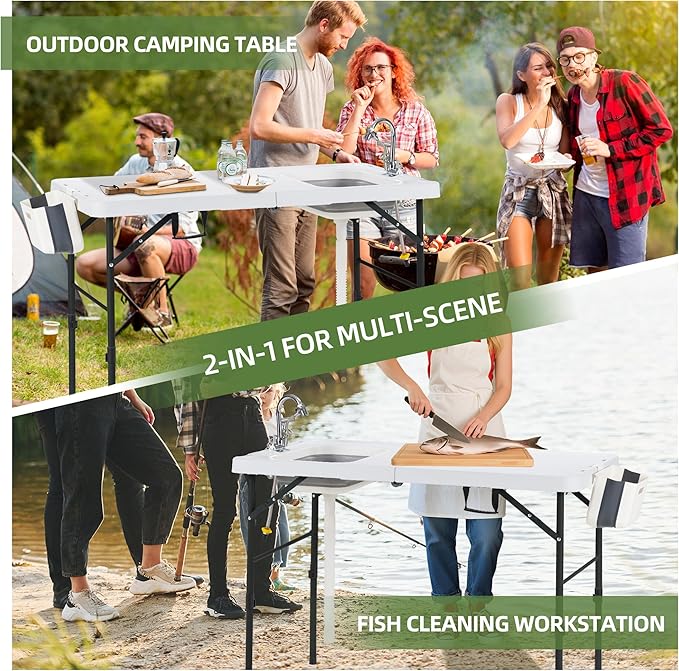 AHB 50" Folding Outdoor Fish Cleaning Table with Sink, Camping Kitchen Station Collapsible Faucet & Stainless Sprayer with 4pcs Fish Cleaning Kit for Camping, Picnic, Beach & Patio