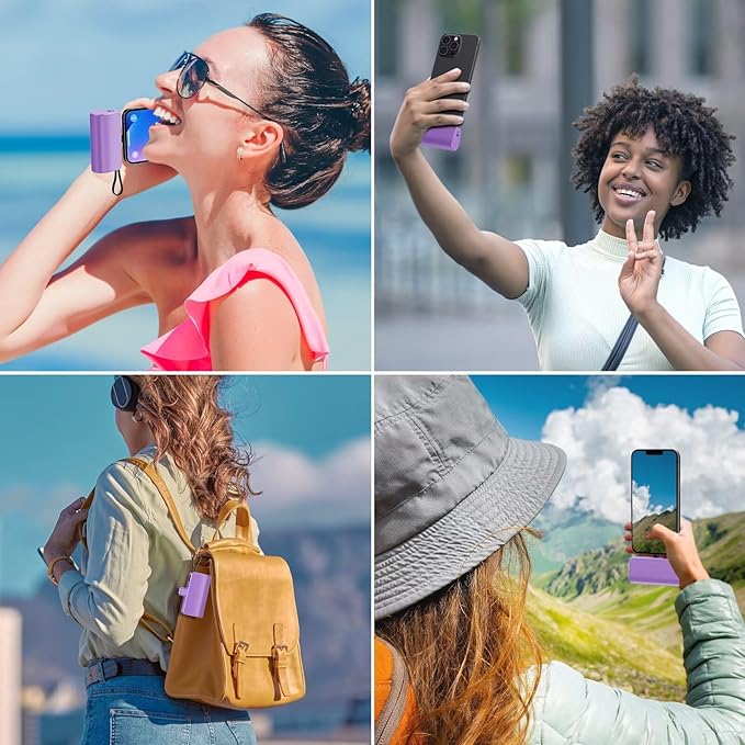Mini Portable Charger for iPhone with Built-in Type-C Cable, 5200mAh Ultra-Compact Power Bank, PD 20W Fast Charging Battery Pack Phone Charger for iPhone 16/15/14/13, Samsung, Google, Android (Purple)