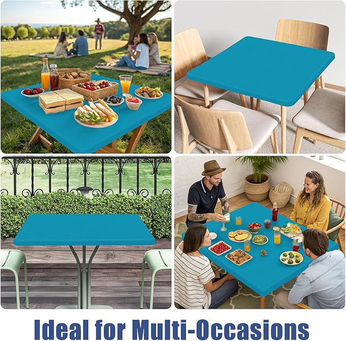 Spandex Picnic Table Cloth 2 Pack, Elastic Fitted Tablecloths for Square Tables, Stretch Washable Patio Table Cover for Outdoor, Camping, Banquet and Parties (Teal, 34"x34")